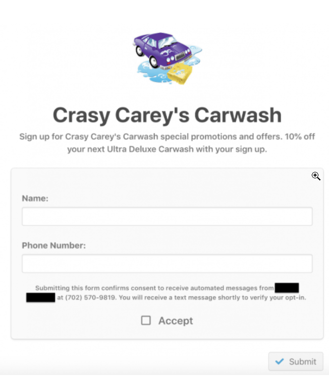 Screenshot for SMS offer by Crasy Carey’s Carwash
