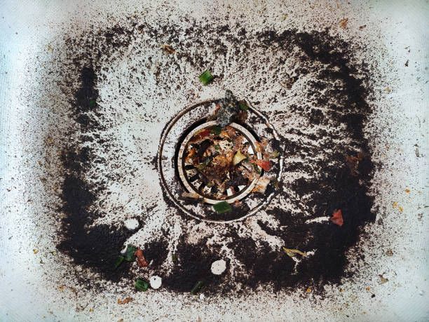 Dirty kitchen sink with food debris and gunk surrounding the drain.