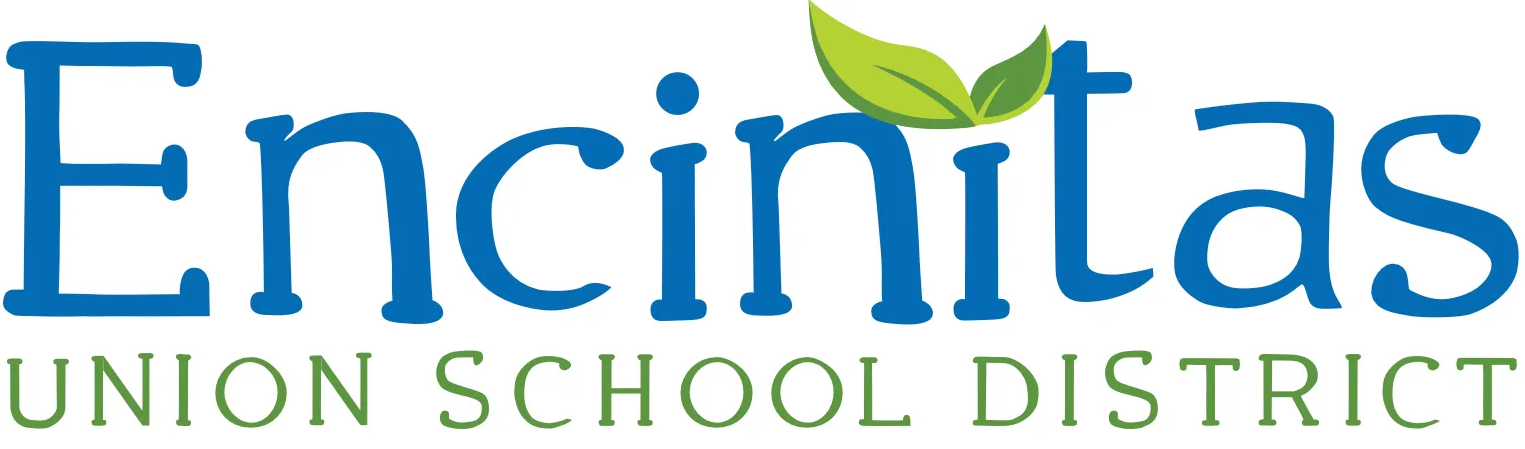 Logo of Encinitas Union School District, featuring blue text with a green leaf icon above the letter "i".
