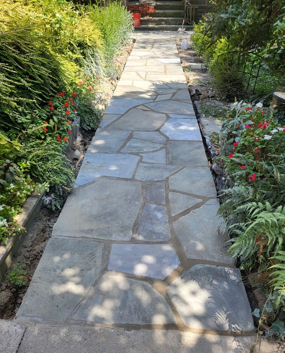 Stone pathway through a garden, lined with plants and flowers, leading towards stairs.