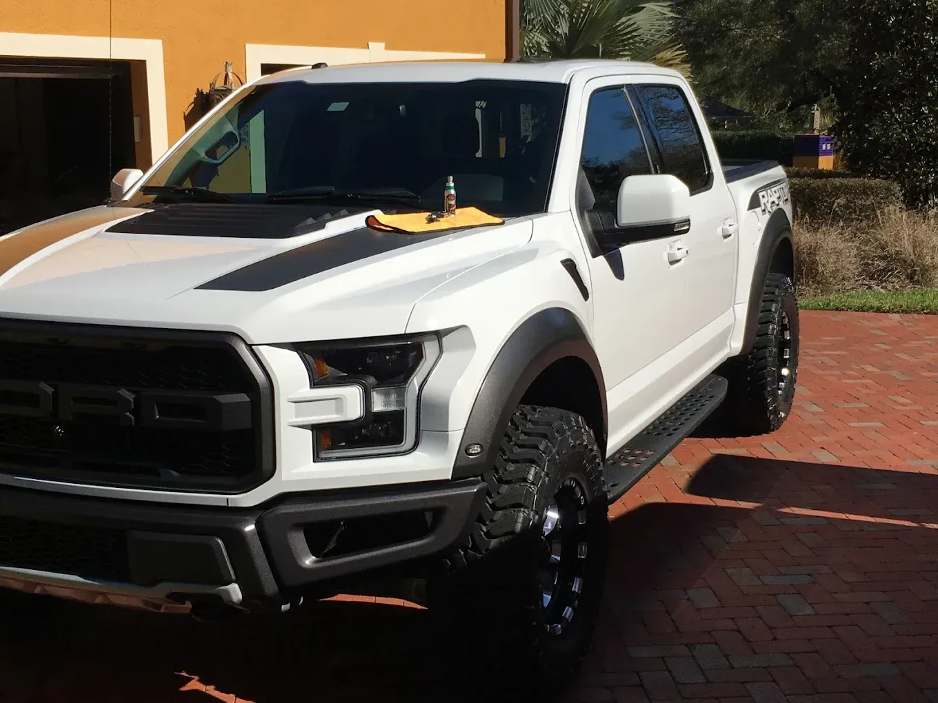 White Ford Raptor truck with black accents parked on a brick driveway.