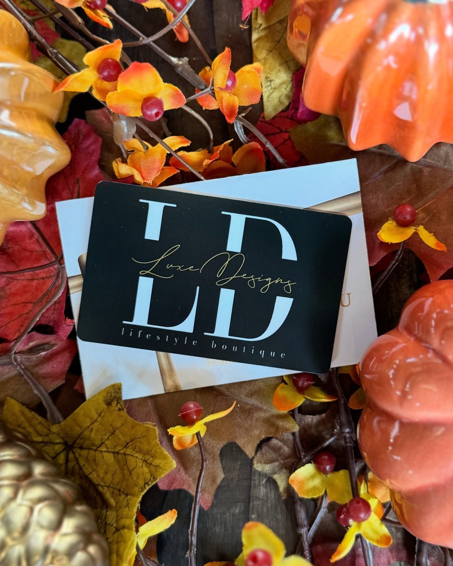 Gift card from Laurel Design, nestled among fall leaves and pumpkins.