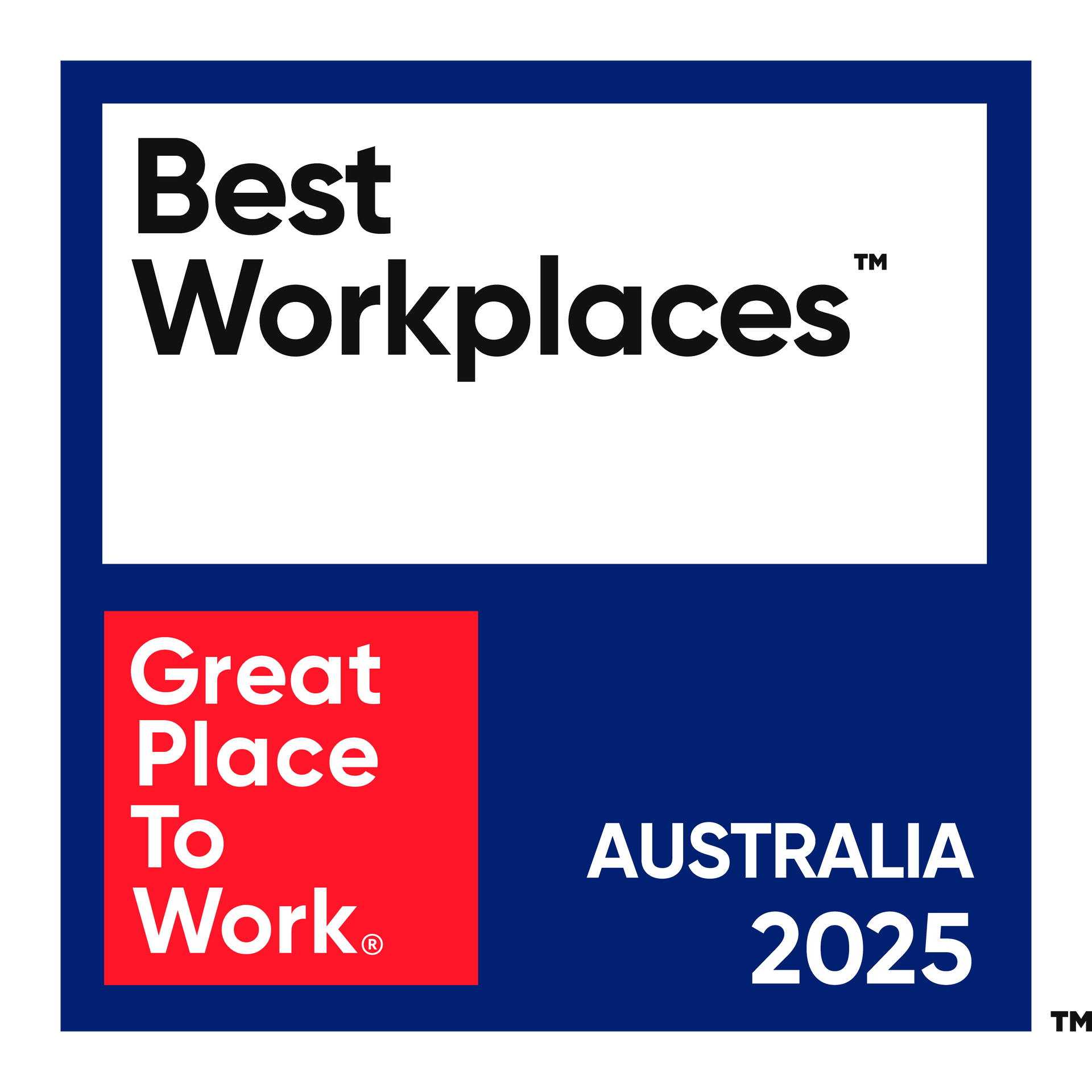 Best Workplaces Australia 2025 logo: White text on blue, 