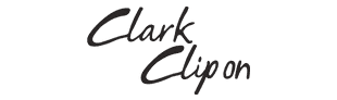 Ein schwarz-weißes Logo für Clark Clip-On auf weißem Hintergrund.