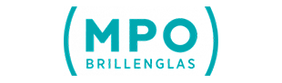Ein blaues Logo für MPO Brillenglas auf weißem Hintergrund
