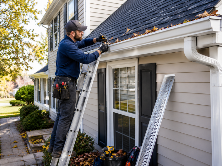 Man on top of latter cleaning gutter preparing to install gutter guards with his tools