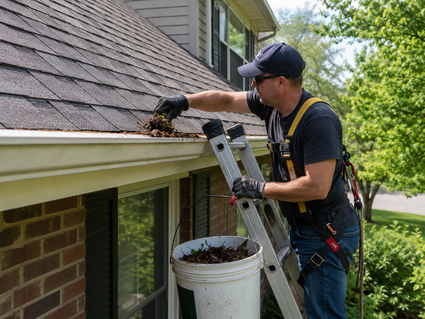 Gutter cleaner on top of ladder cleaning out gutters with his hand