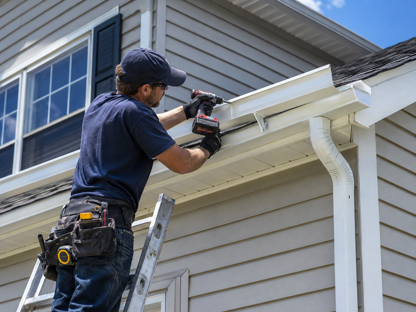 gutter installer on top of a ladder installing a gutter to a home with a drill