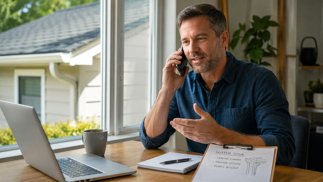 man on the phone in his home contacting gutter company requesting gutter service in their home researching gutter services with laptop.