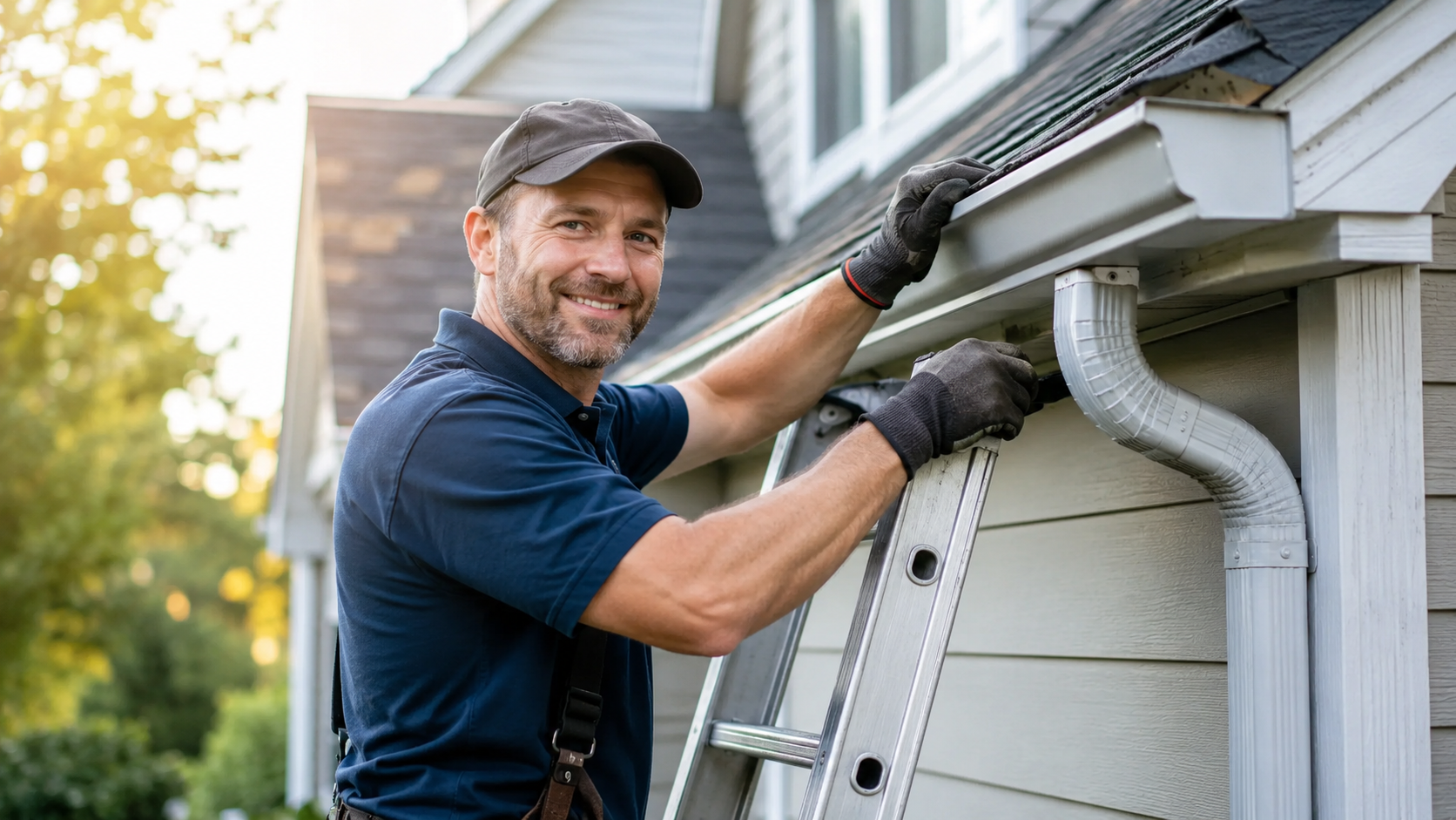 man on top of ladder working on home gutter
