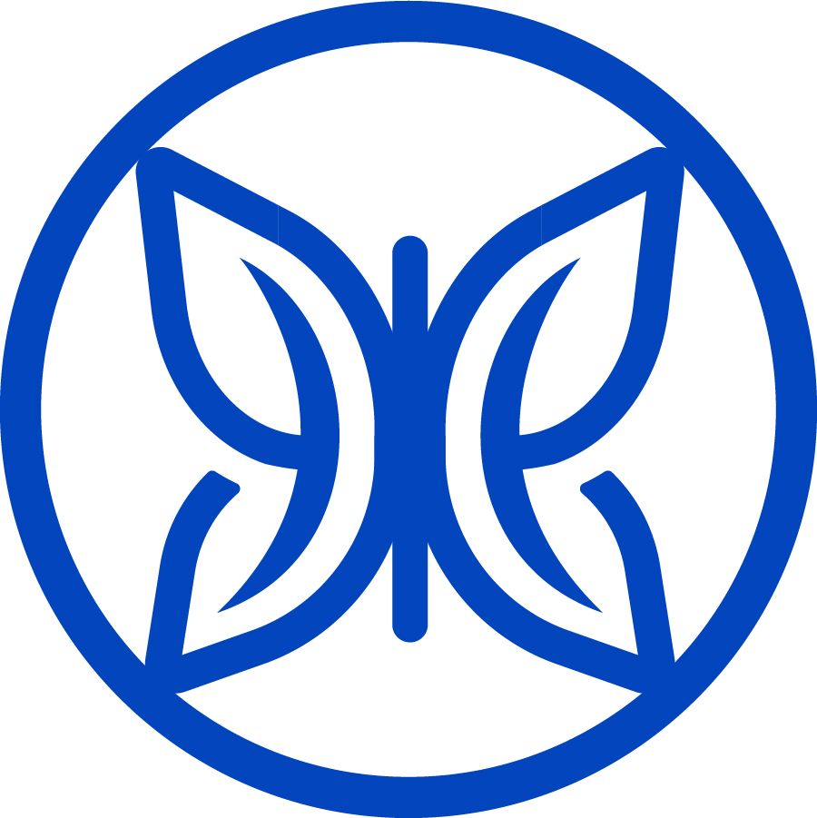 A blue circle with a butterfly inside of it