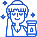 A blue line icon of a man holding a jar.