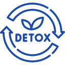A blue detox icon with arrows and a leaf in a circle.