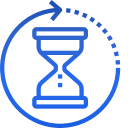 A blue hourglass with an arrow pointing to it in a circle.