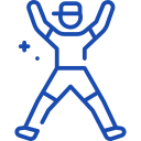 A blue line icon of a man with his arms in the air.