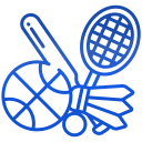 A blue icon of a basketball , badminton racket , and shuttlecock.
