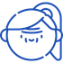 A blue line drawing of a girl 's face with a ponytail.