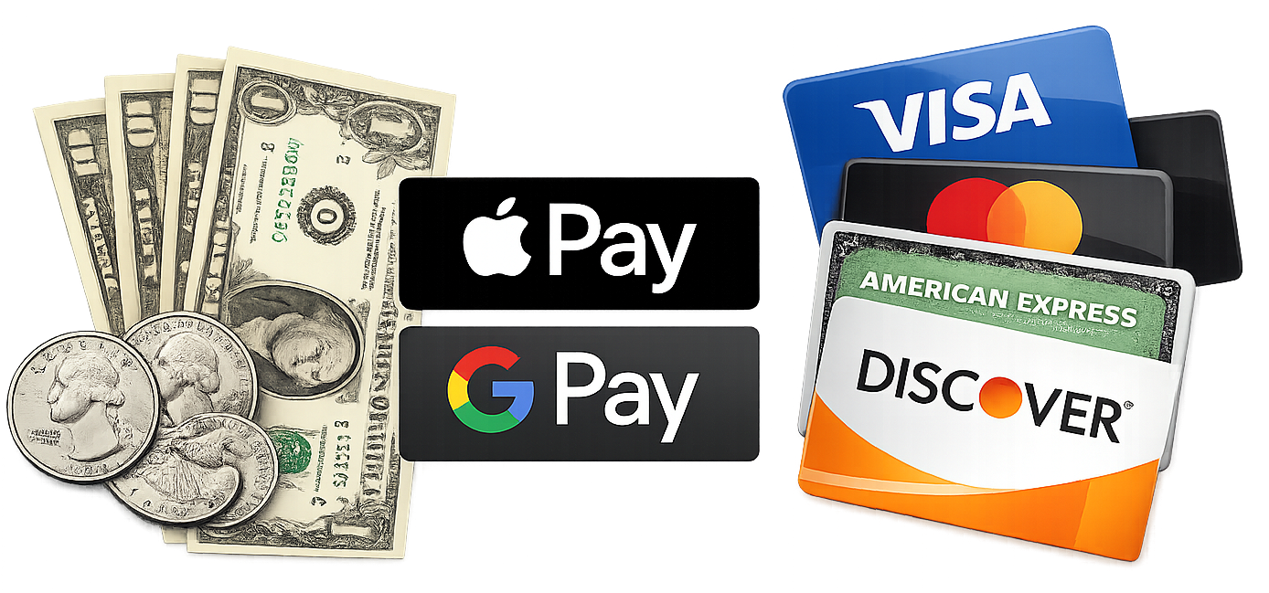we accept bills apple pay google discover visa master card