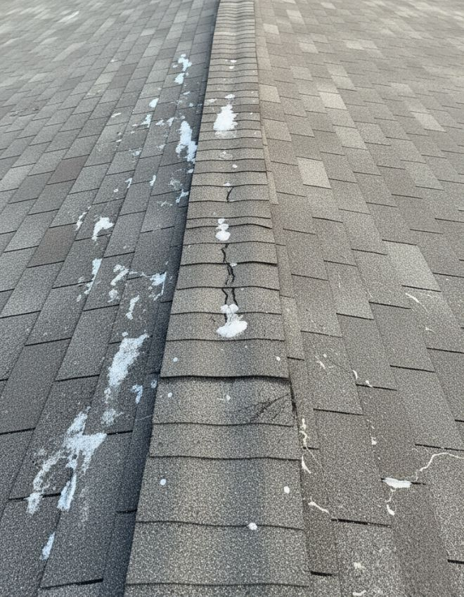 close-up of asphalt shingles on a Texas home roof showing winter-related wear - amish roofer, tx