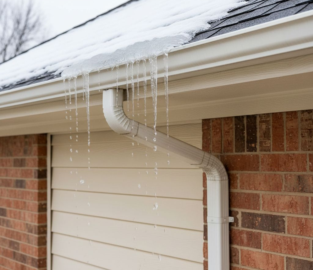 image of a Texas home’s gutter system during snowmelt - amish roofer, tx