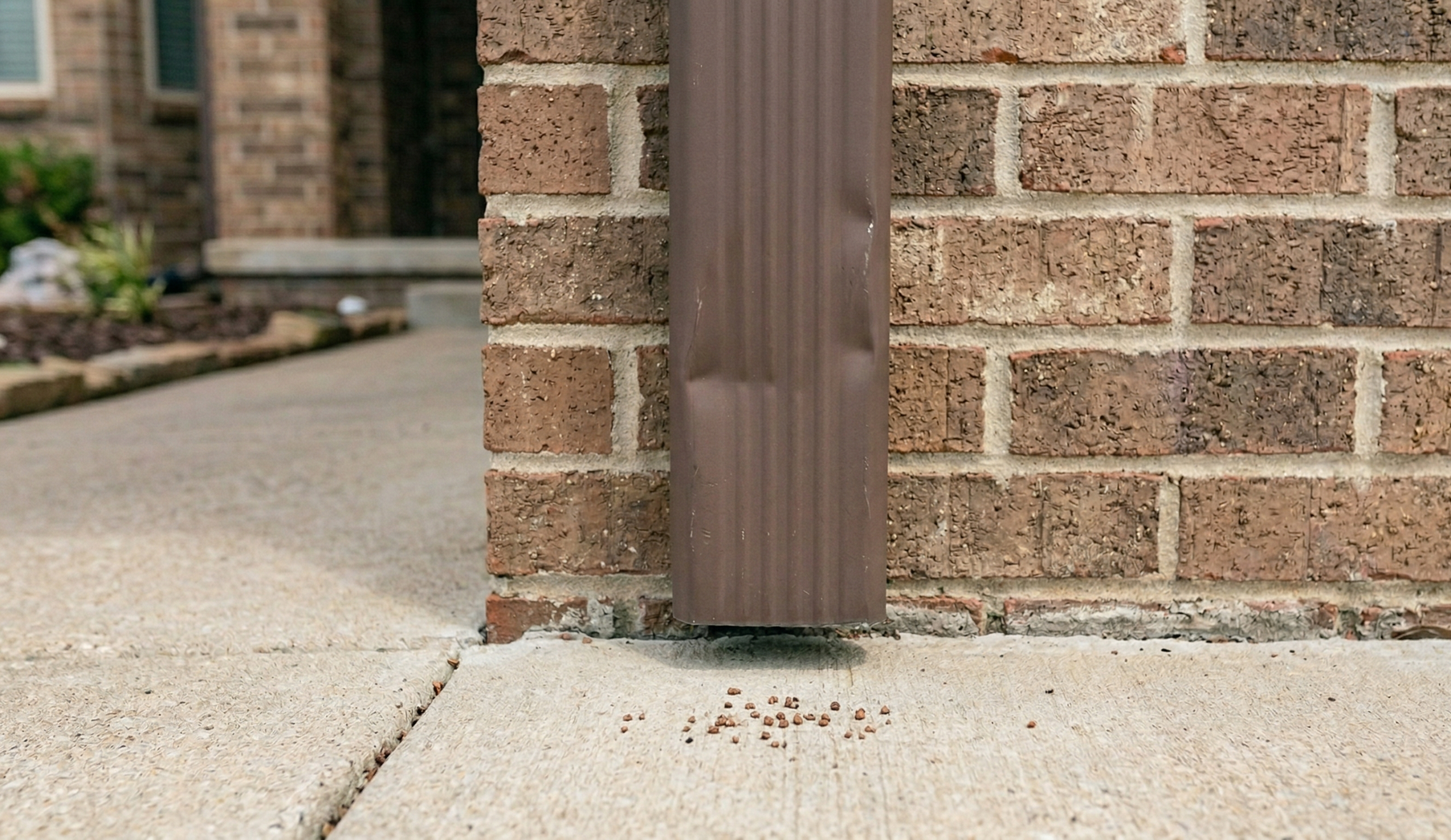 A brown metal downspout against a brick wall, with a small pile of debris on the concrete ground below it.