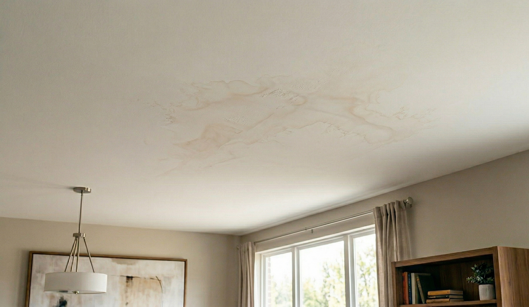 A large, brown water stain on a white ceiling above a living room window.