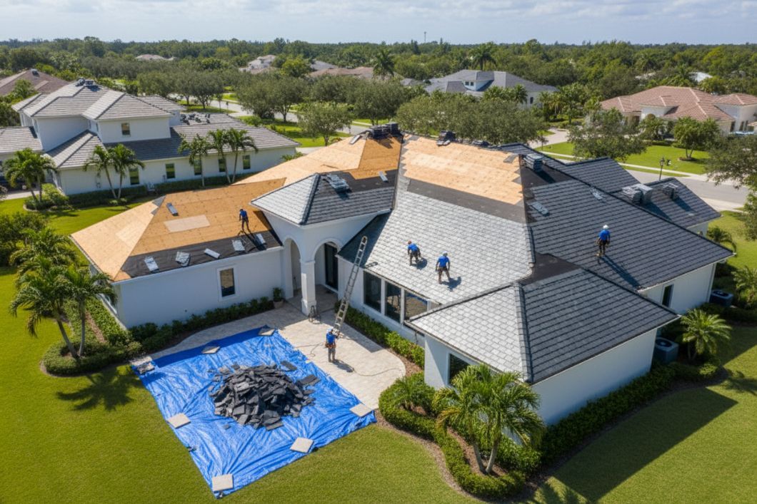 A luxury home is shown getting a roof installation by roofing contractors.