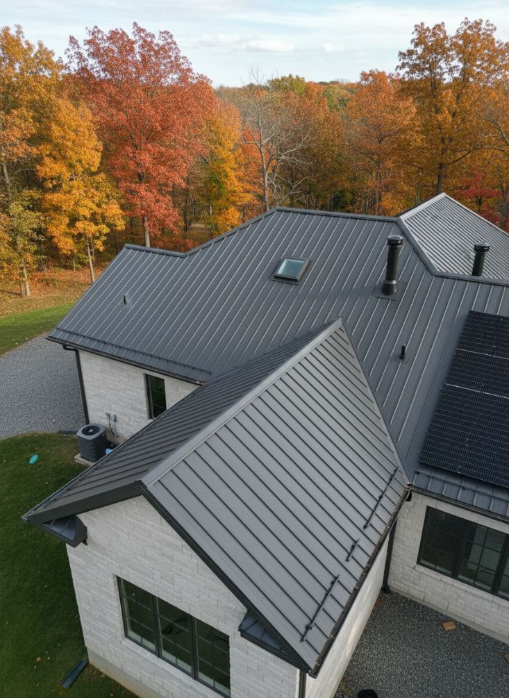 A metal roof is shown on a luxury home during autumn.