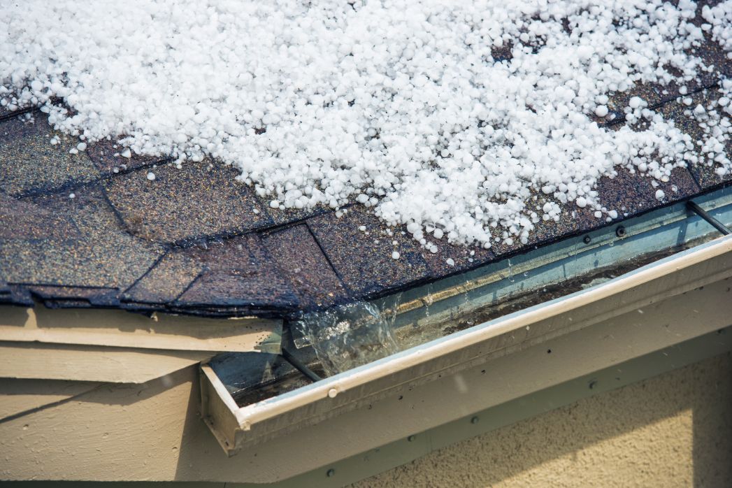 Hail on a roof and in a gutter, white ice on dark shingles.