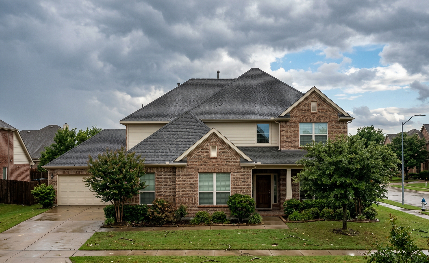 A two-story brick and siding house with a dark shingled roof under a cloudy, overcast sky.