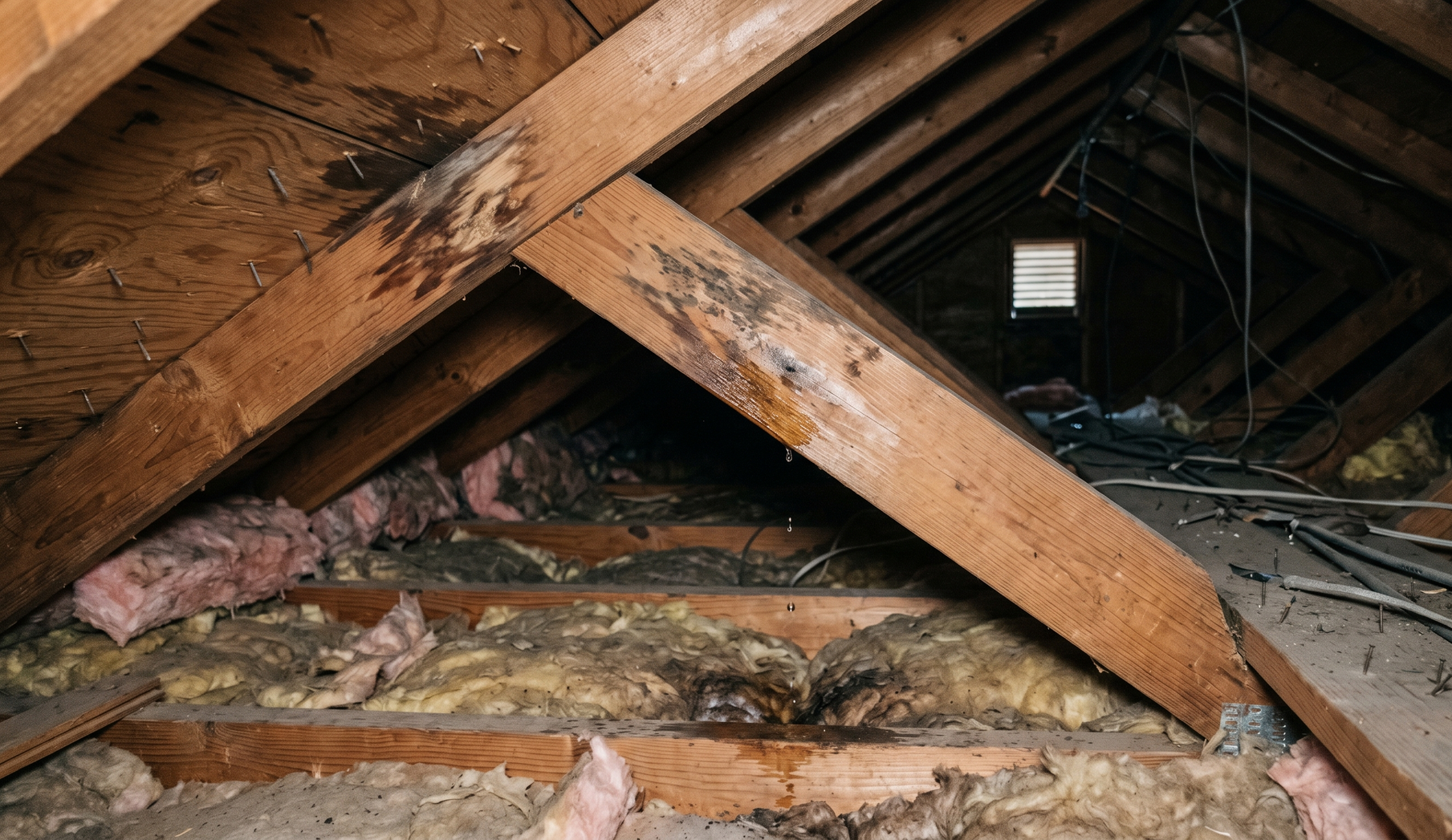 Wooden attic framing with debris and insulation, seen through a narrow crawlspace opening