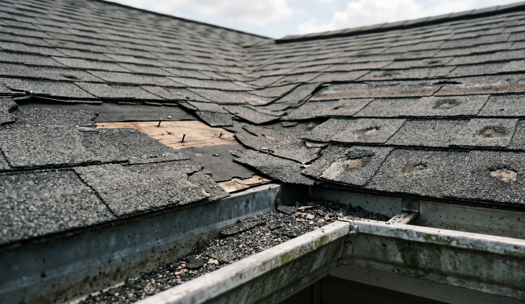 Damaged shingle roof with a large hole and exposed underlayment near the roof edge