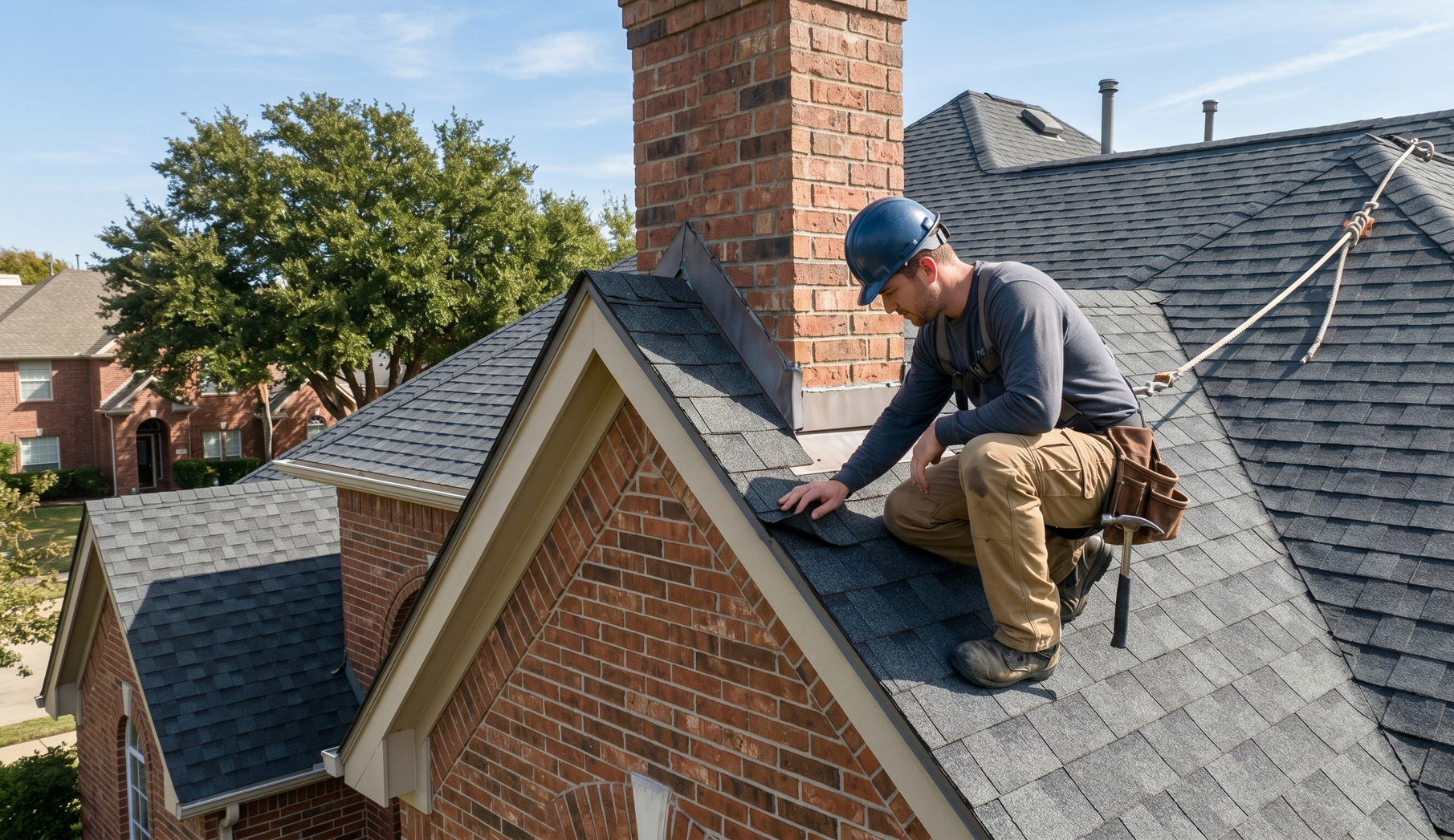 Worker repairing shingles on a house roof beside a brick chimney.