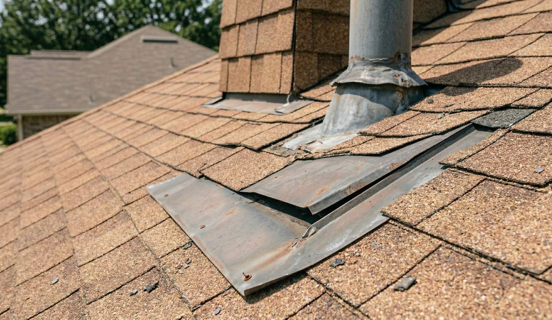 Close-up of a damaged, rusted roof flashing and vent pipe assembly on brown asphalt shingles.