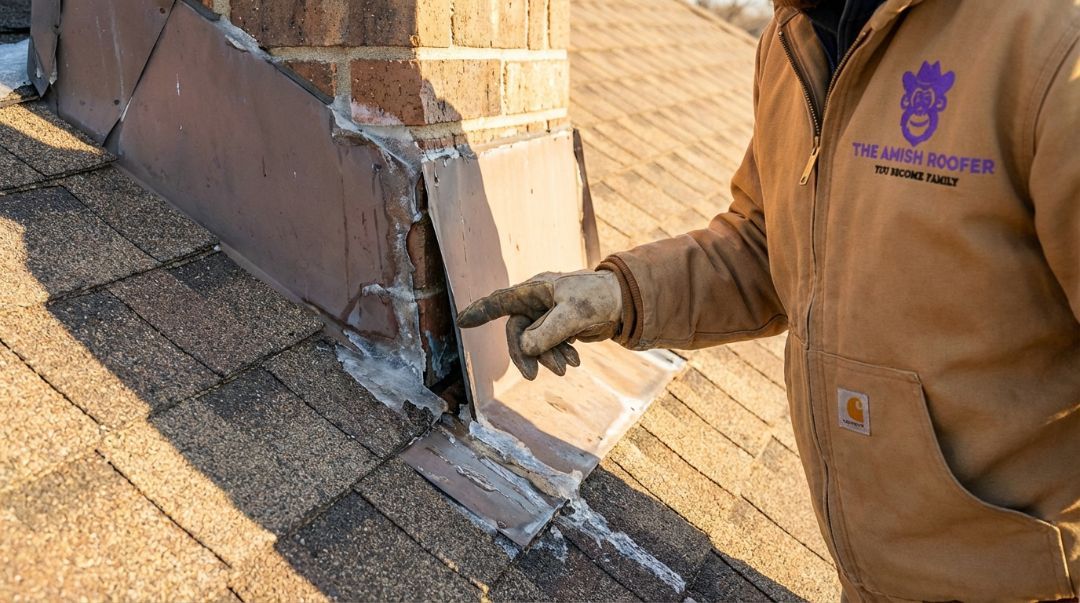 Close-up of flashing separation caused by freeze–thaw cycles on a Texas roof