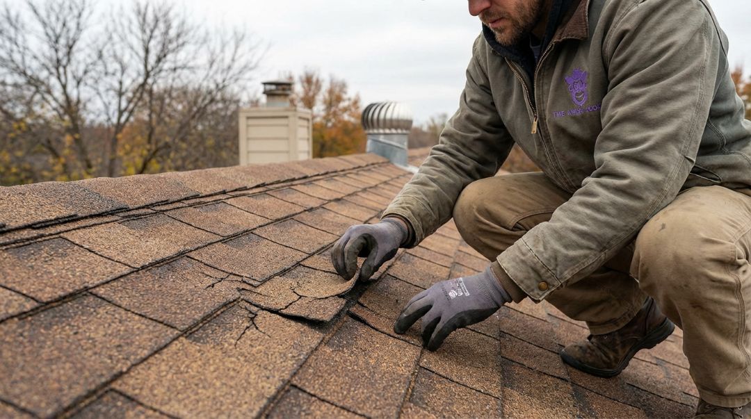 Roofer from The Amish Roofer inspecting shingles for freeze–thaw damage in North Texas