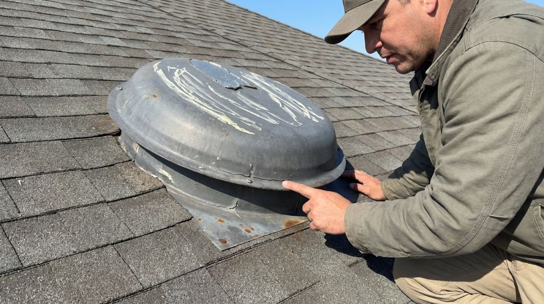 The Amish Roofer inspecting a roof vent affected by freeze–thaw cycles in North Texas