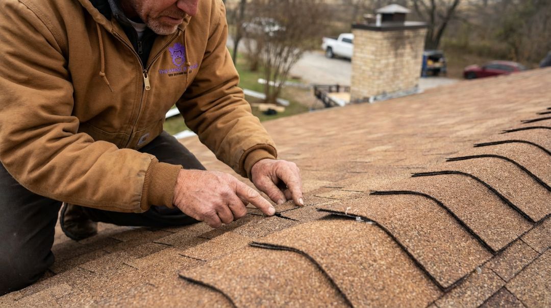 The Amish Roofer inspecting shingles for winter roof damage in North Texas