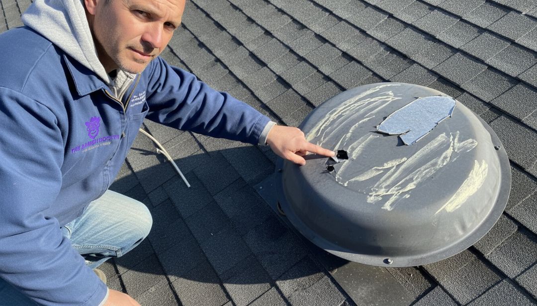 Close-up of damaged roof flashing inspected by The Amish Roofer in North Texas