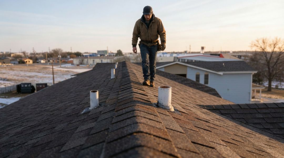 The Amish Roofer inspecting a North Texas home’s roof during mild winter weather