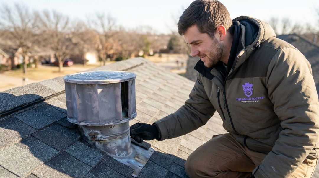 The Amish Roofer checking a roof vent for winter ventilation issues in North Texas