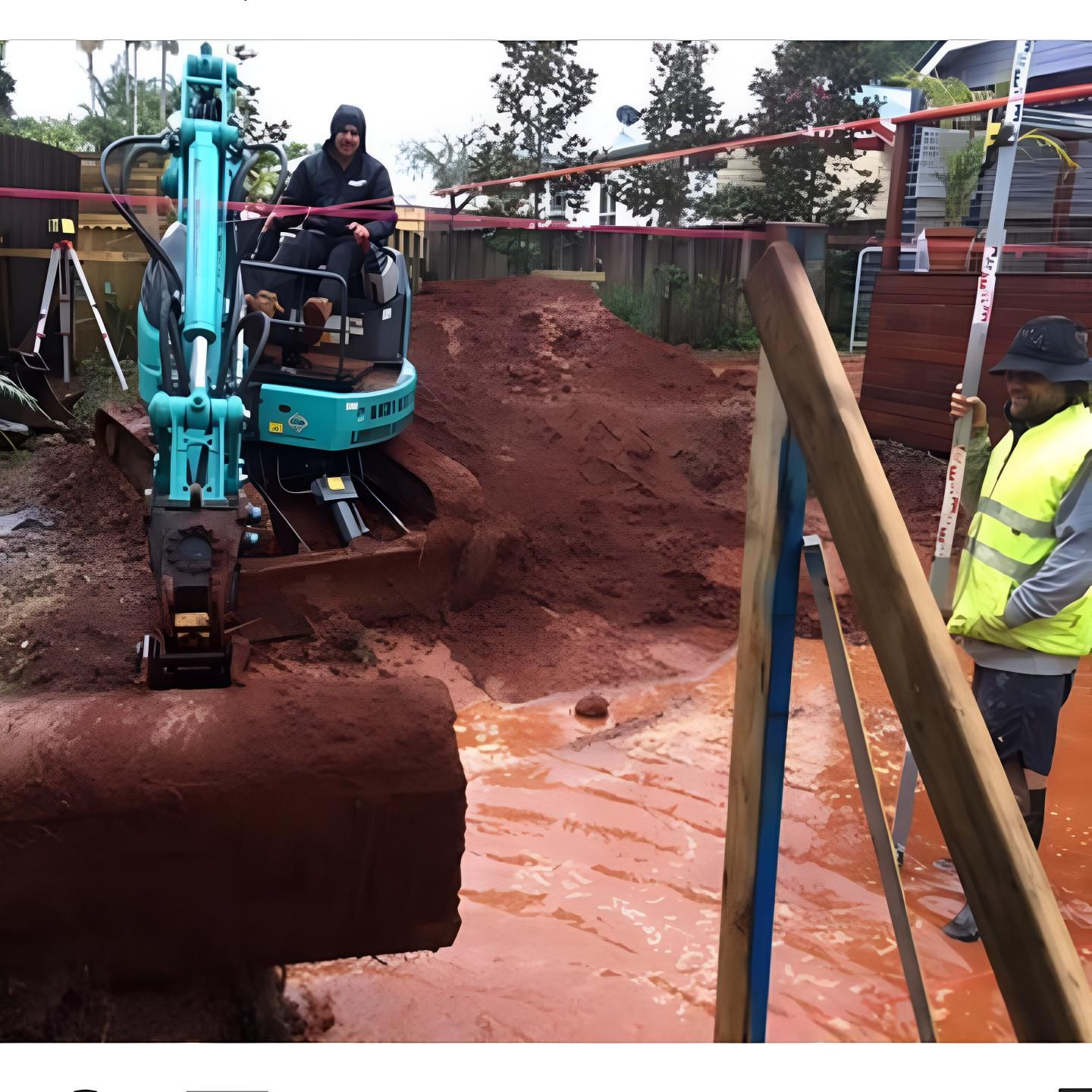 A Man in a Yellow Vest is Standing Next to an Excavator — Limited Access Excavation In Suffolk Park, NSW