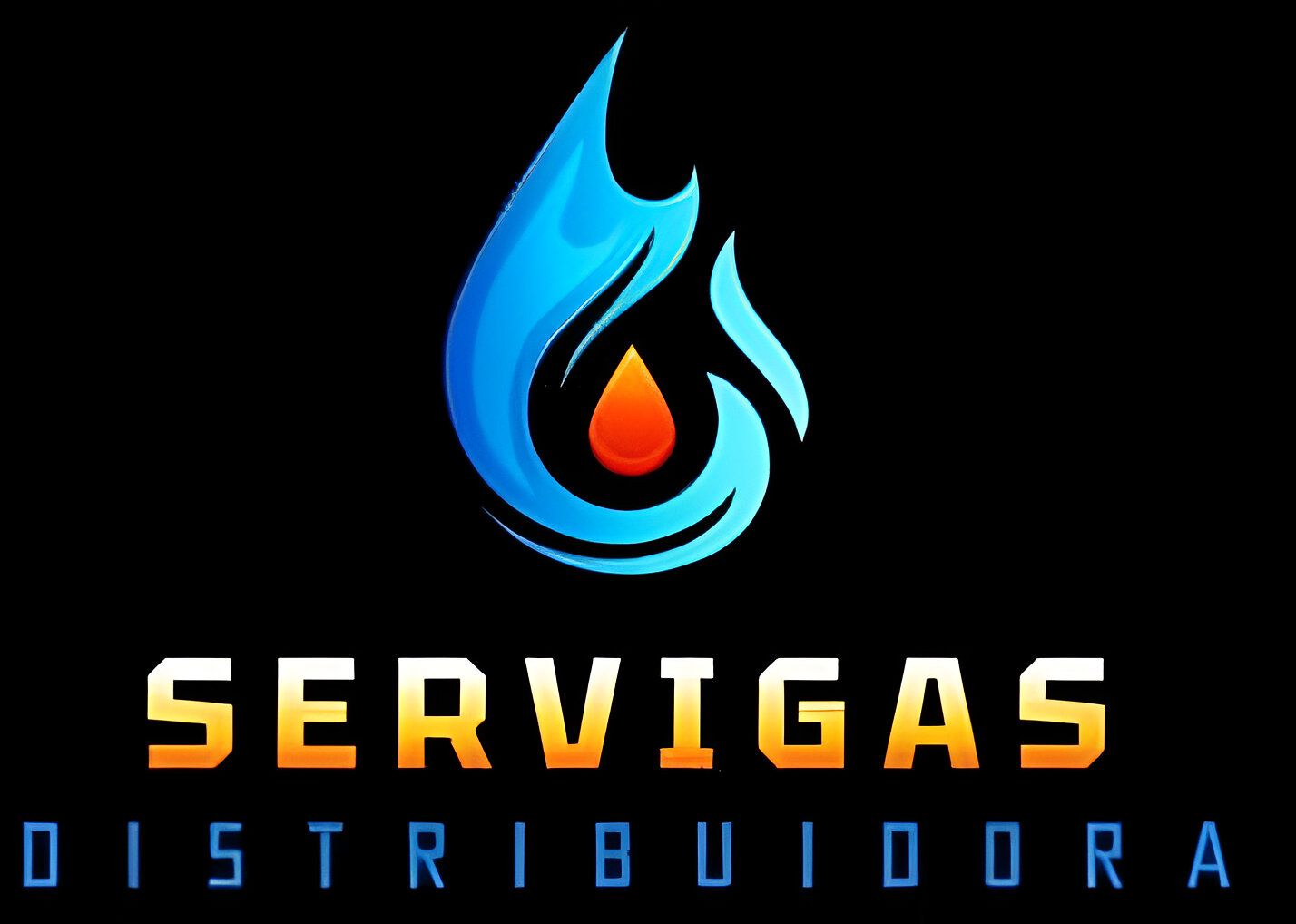 Logotipo de Servigas Distribuidora: Diseño de llama azul con centro naranja sobre fondo negro. Texto