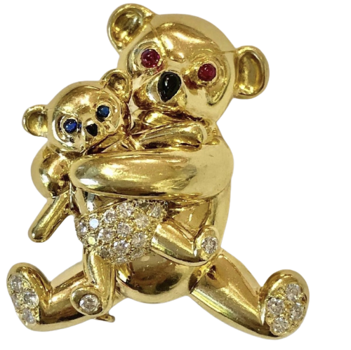 18K Ralston Diamond Sapphire Ruby Momma Bear And Baby Bear Pin Number 7 Of 50 Made