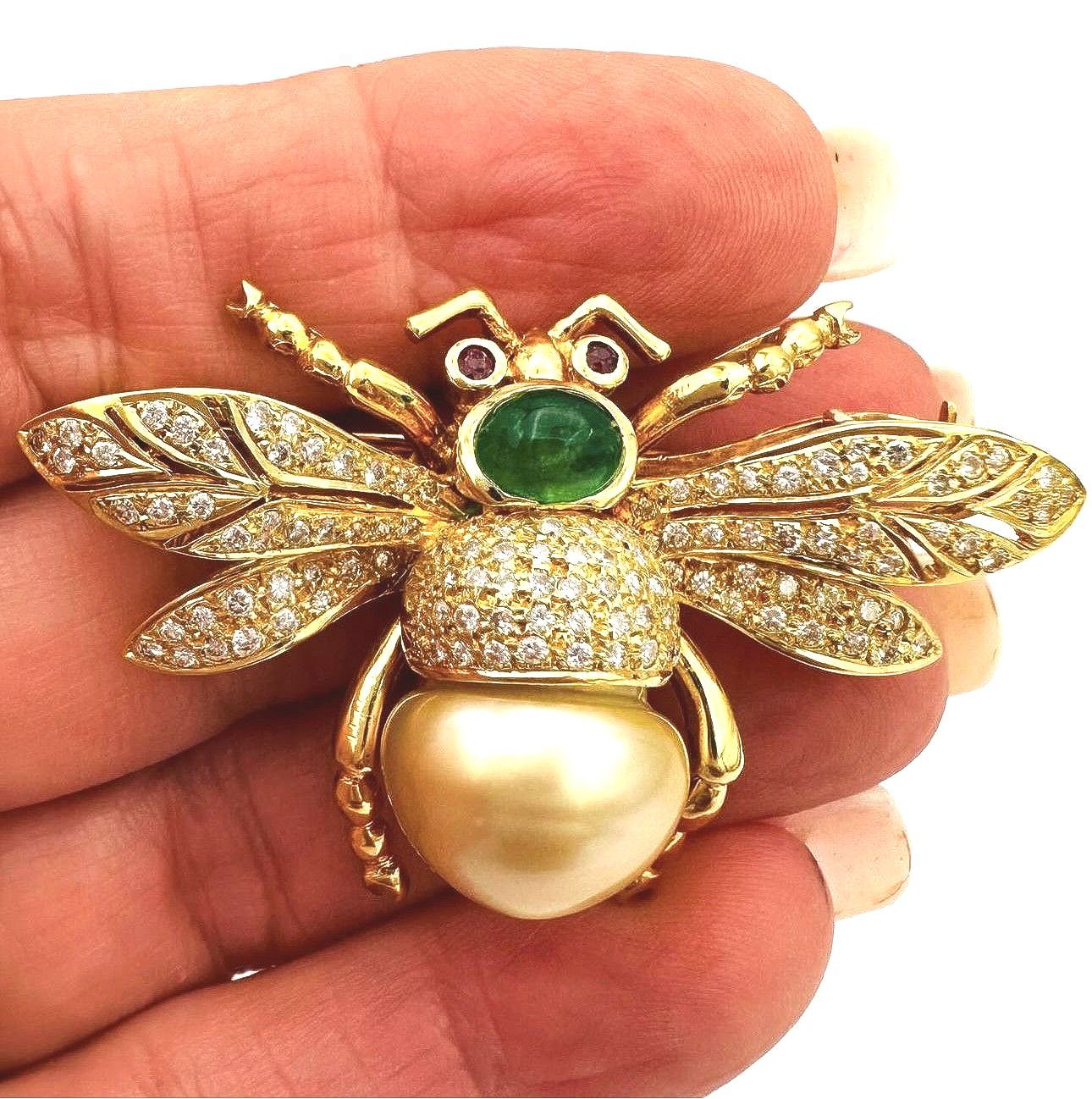 18K Signed Diamond South Sea Pearl Emerald Butterfly with Ruby Eyes