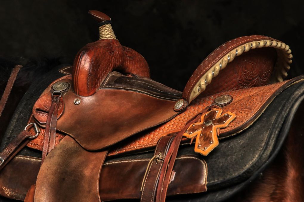 Brown leather saddle hanging on a wooden wall, with other saddles and hats.