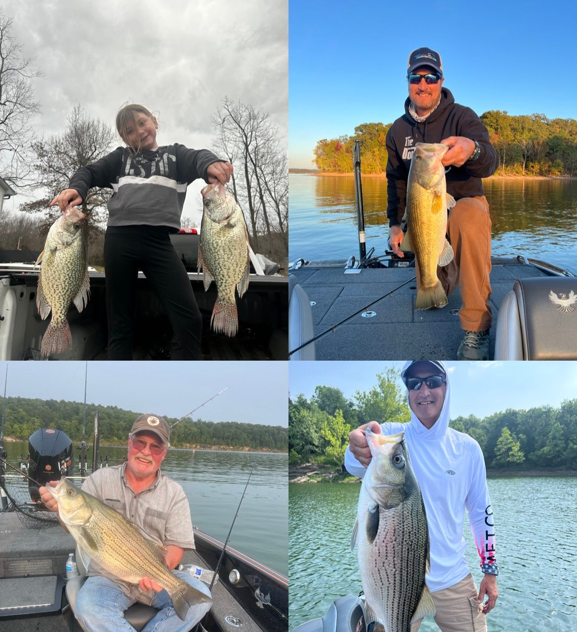 Four anglers holding large fish on boats, smiling. Outdoors, clear weather.