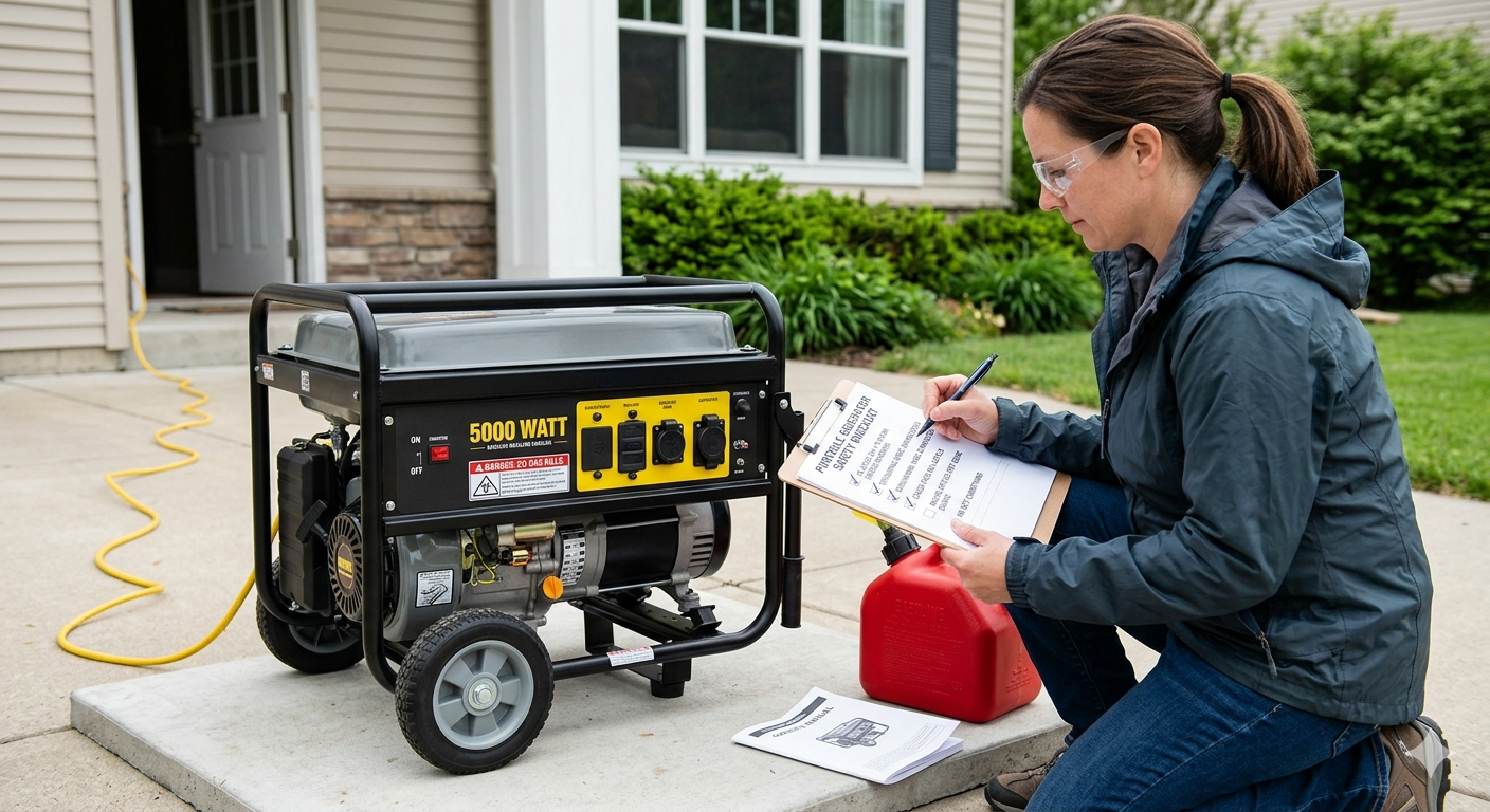 Woman kneeling beside a portable generator, checking a manual next to a house driveway