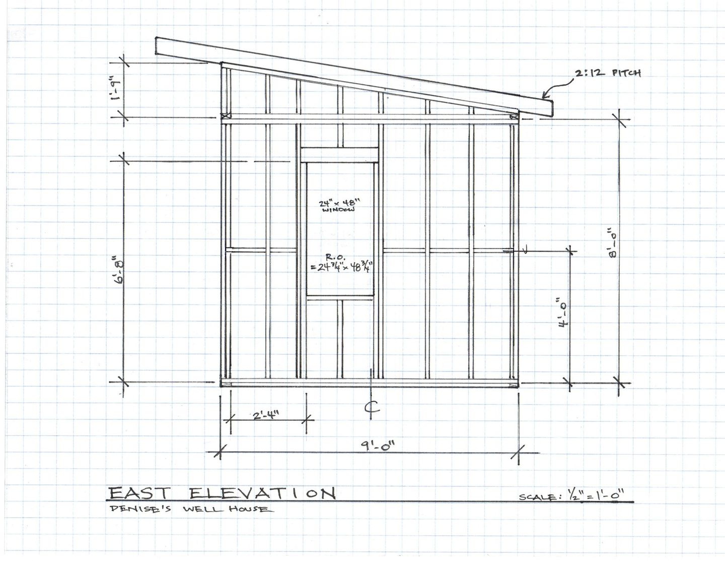 Architectural plan of a small shed, showing the east elevation. The drawing includes measurements, dimensions, and window details.