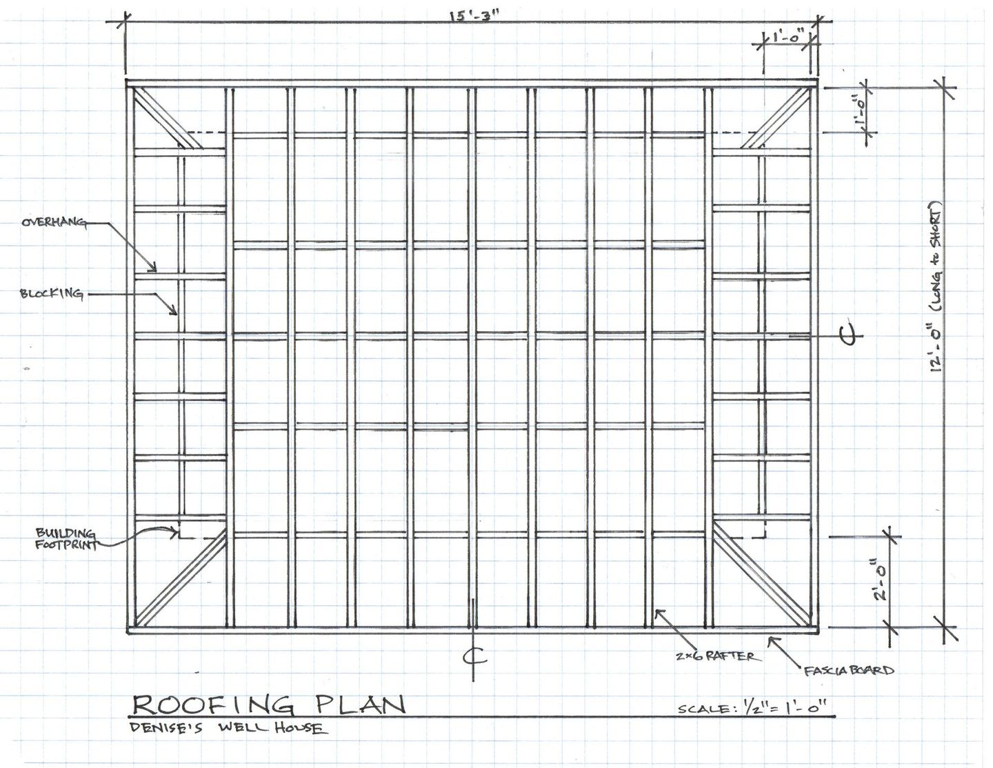 Roofing plan sketch of a structure, showing dimensions (15'5